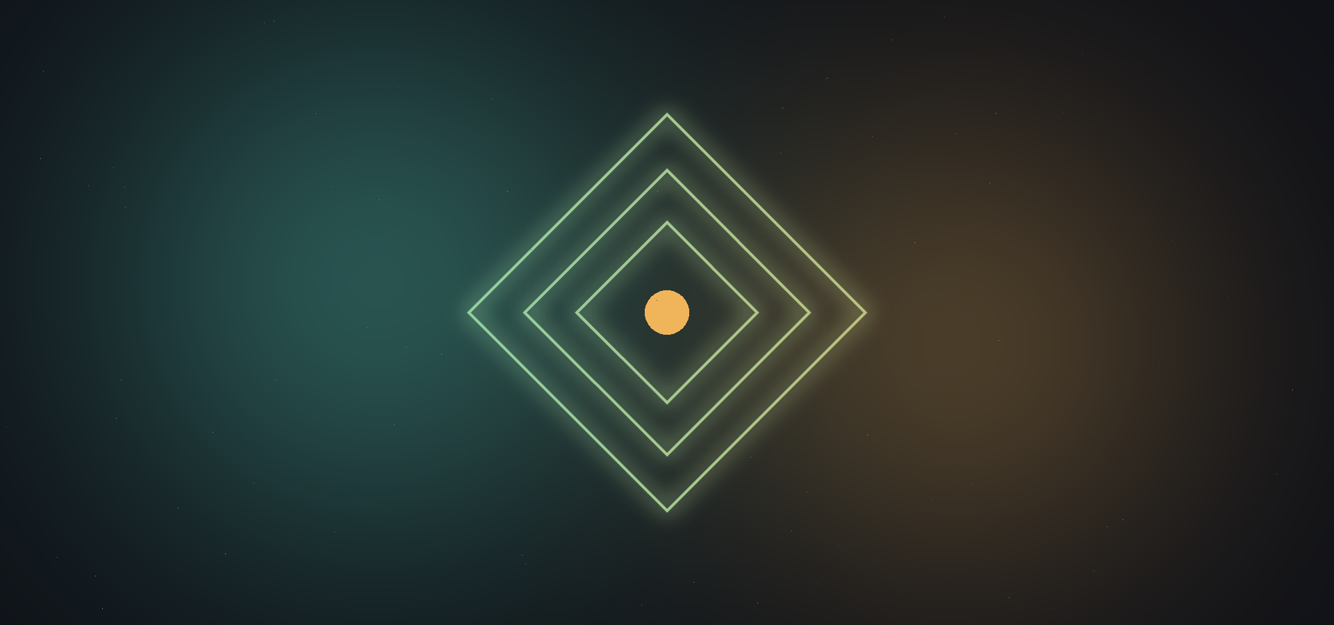 Glowing teal-to-amber nested diamond mark on dark ink