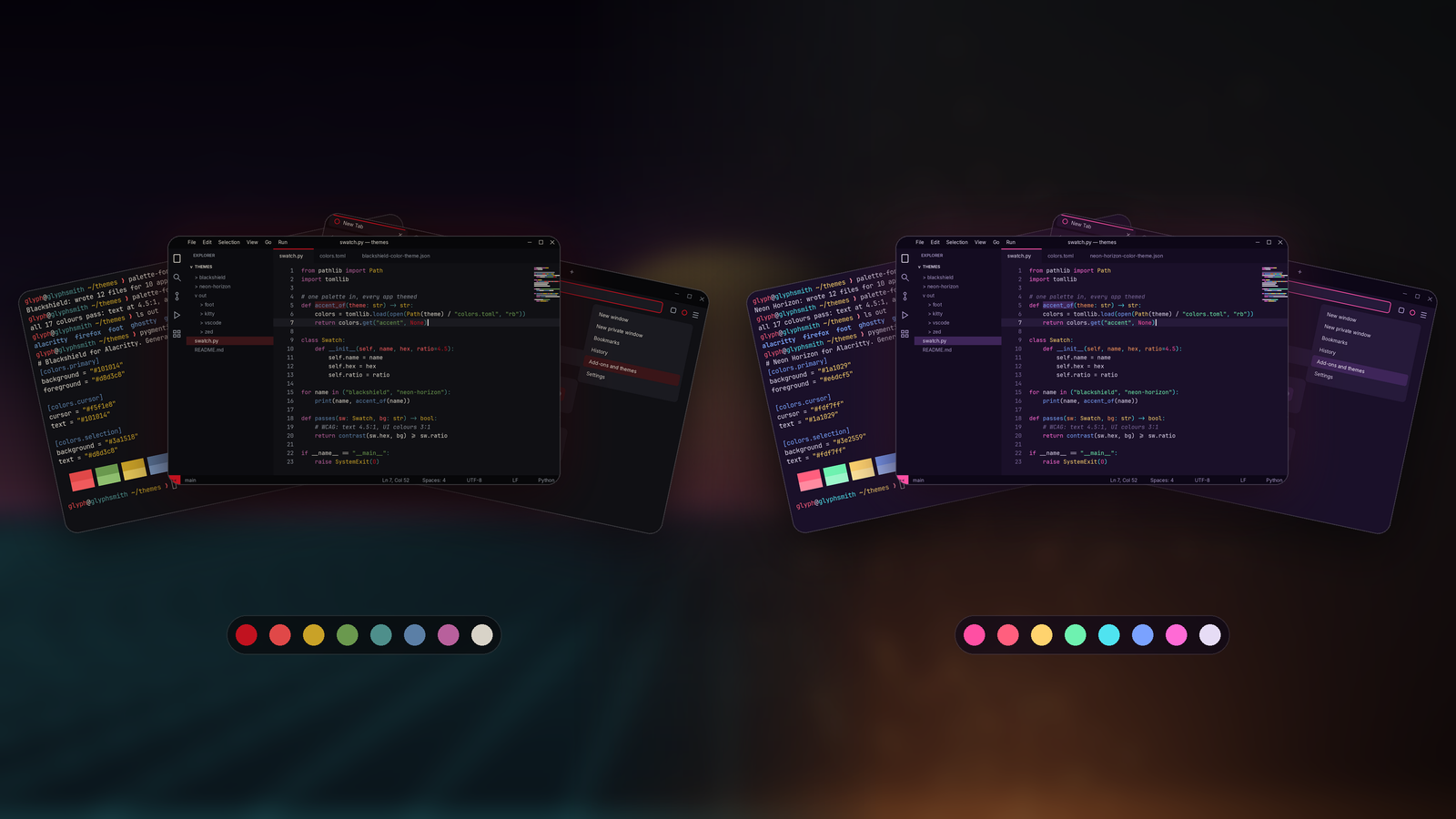 Palette Forge output: one palette applied across several app windows
