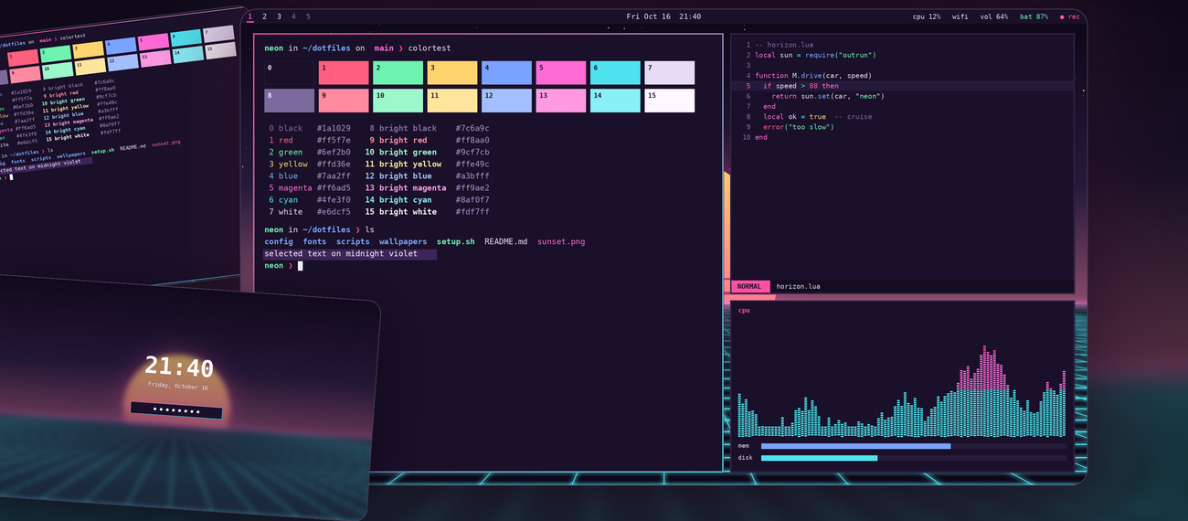 Ricecard sample: Neon Horizon desktop shown alongside its lock screen